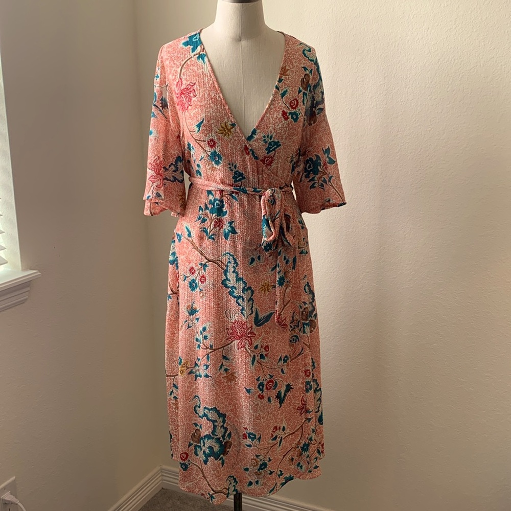 Anthropologie Maeve sz XS wrap maxi dress floral coral mermaid balletcore